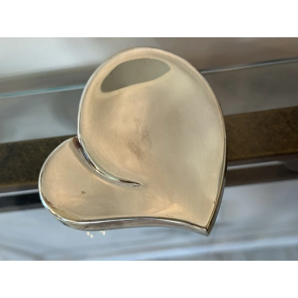 Vintage Polished Silver tone Mid Century Heart Trinket Box Black Velvet Lining